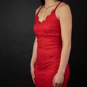 Red, floral cocktail dress